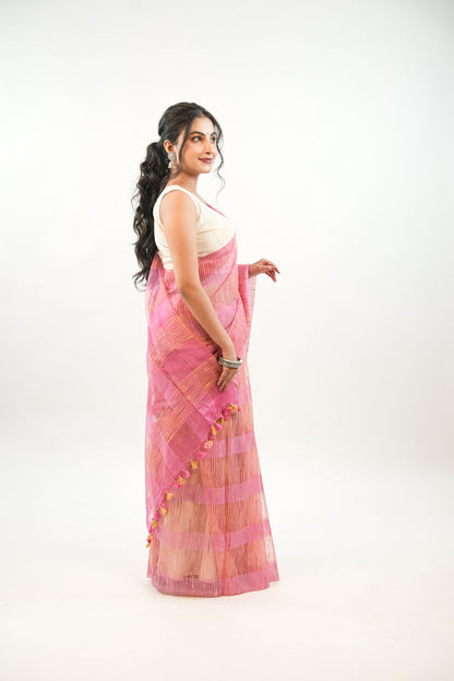 Onion Pink Ghicha Tussar Saree with Contrast Tassels
