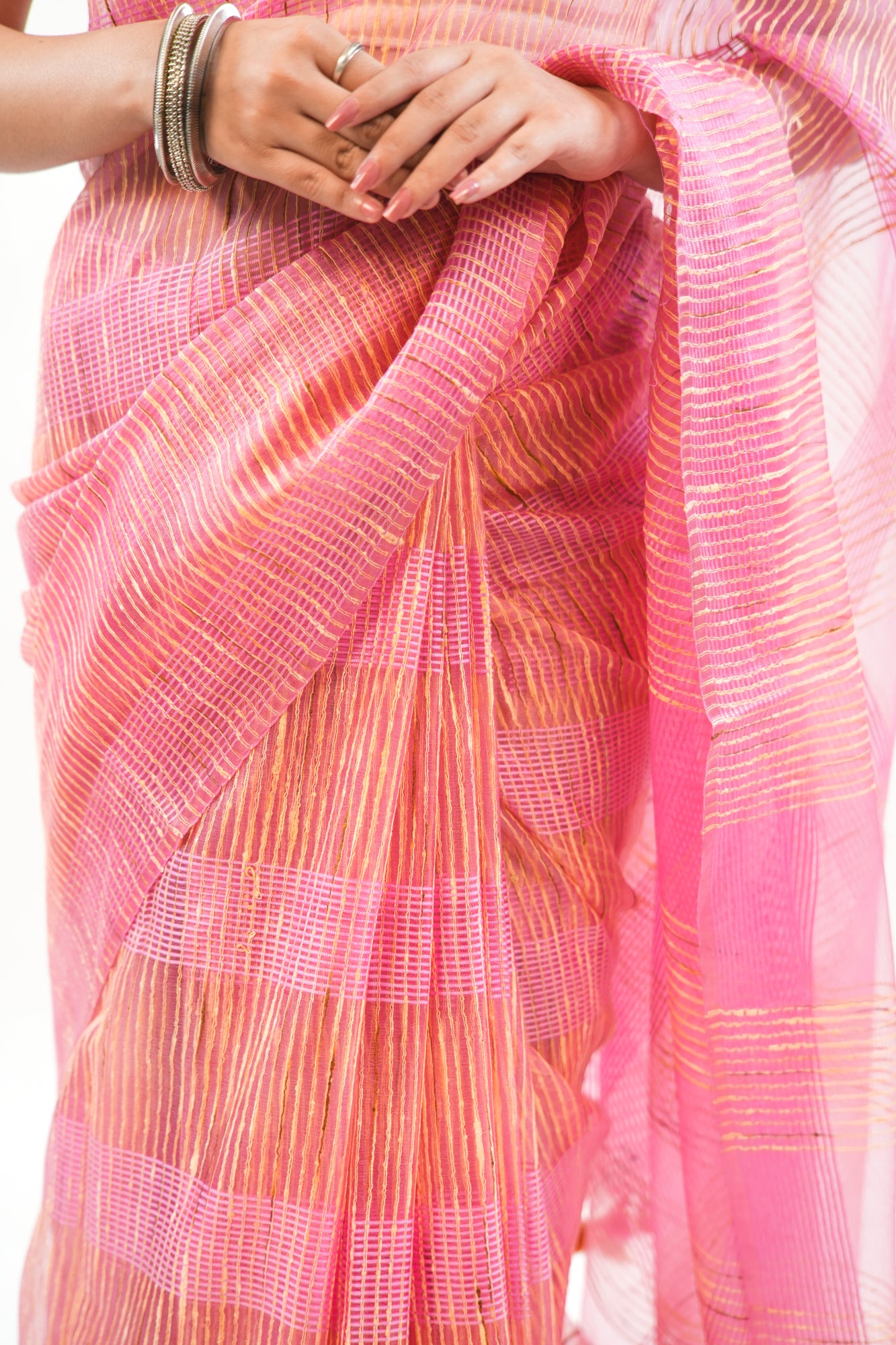Onion Pink Ghicha Tussar Saree with Contrast Tassels