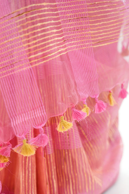 Onion Pink Ghicha Tussar Saree with Contrast Tassels