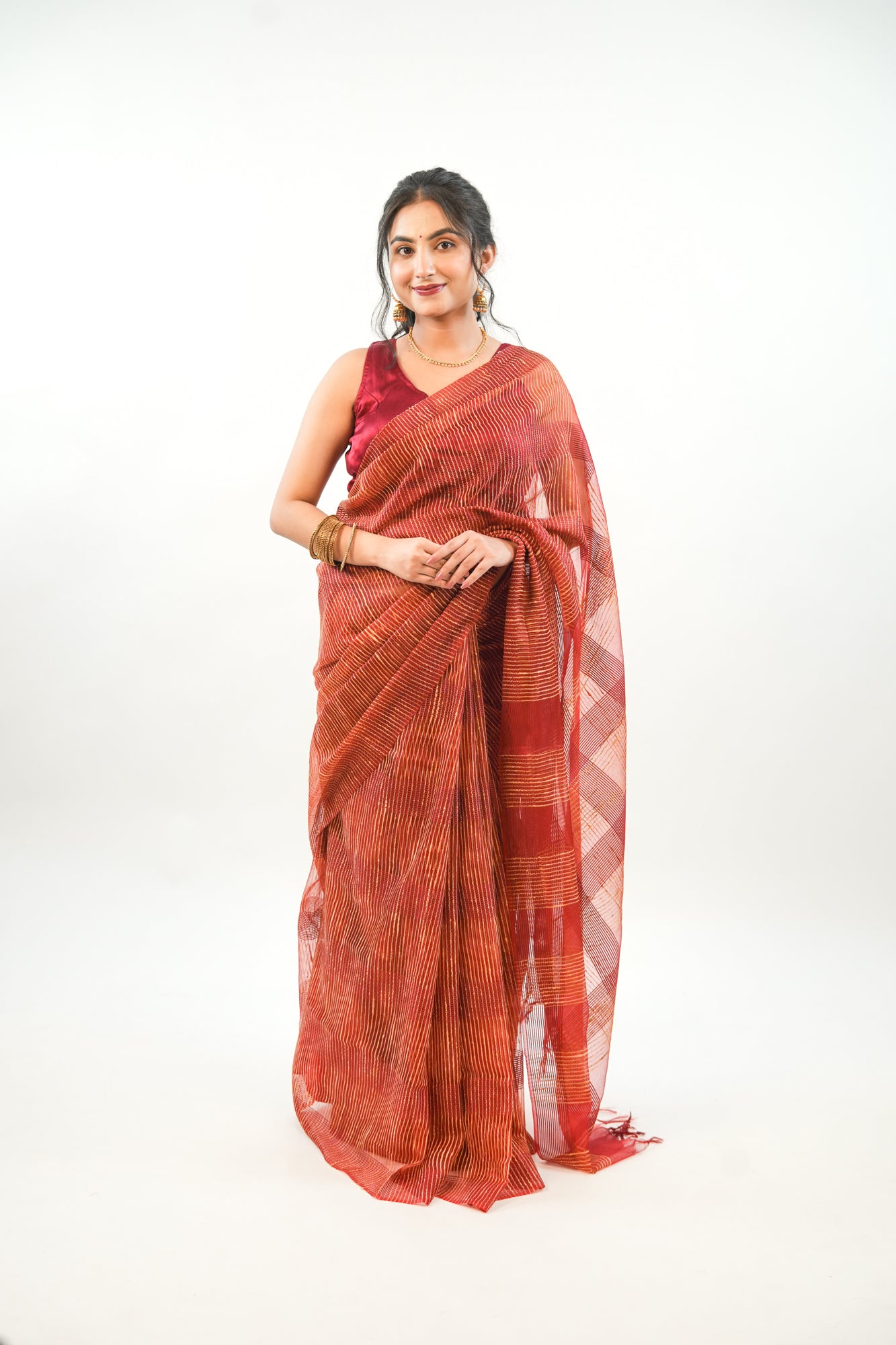 Deep Maroon Ghicha Tussar Saree with Gold Stripe Weave