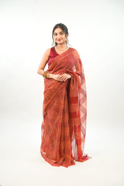 Deep Maroon Ghicha Tussar Saree with Gold Stripe Weave