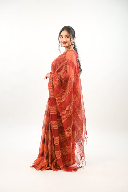 Deep Maroon Ghicha Tussar Saree with Gold Stripe Weave