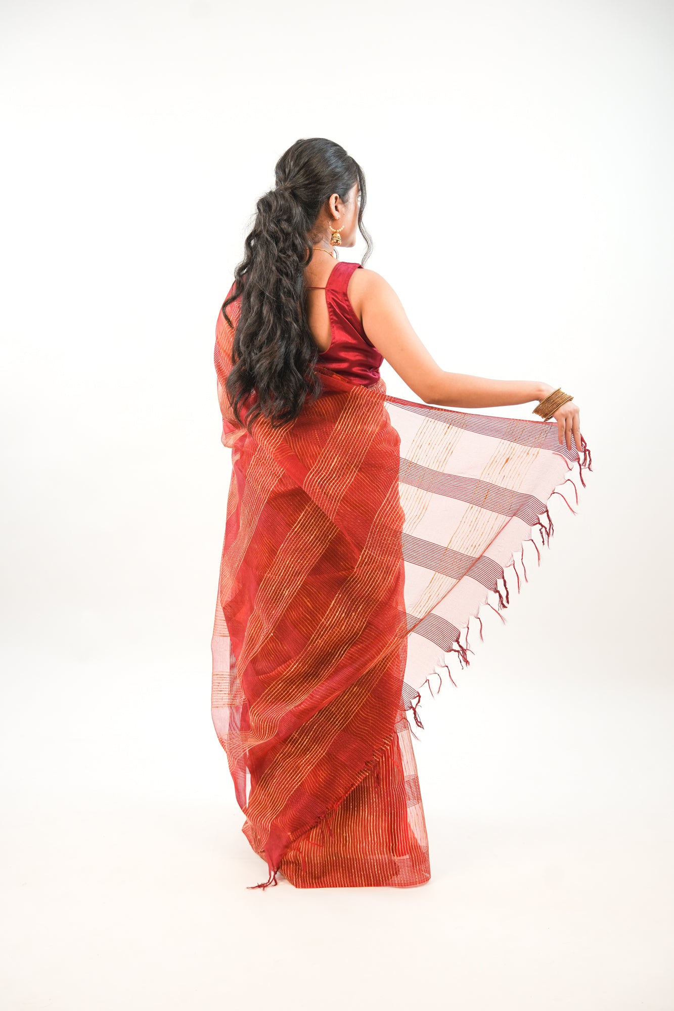 Deep Maroon Ghicha Tussar Saree with Gold Stripe Weave