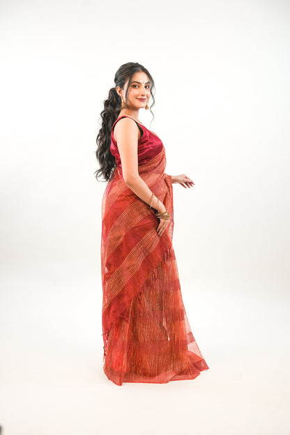 Deep Maroon Ghicha Tussar Saree with Gold Stripe Weave