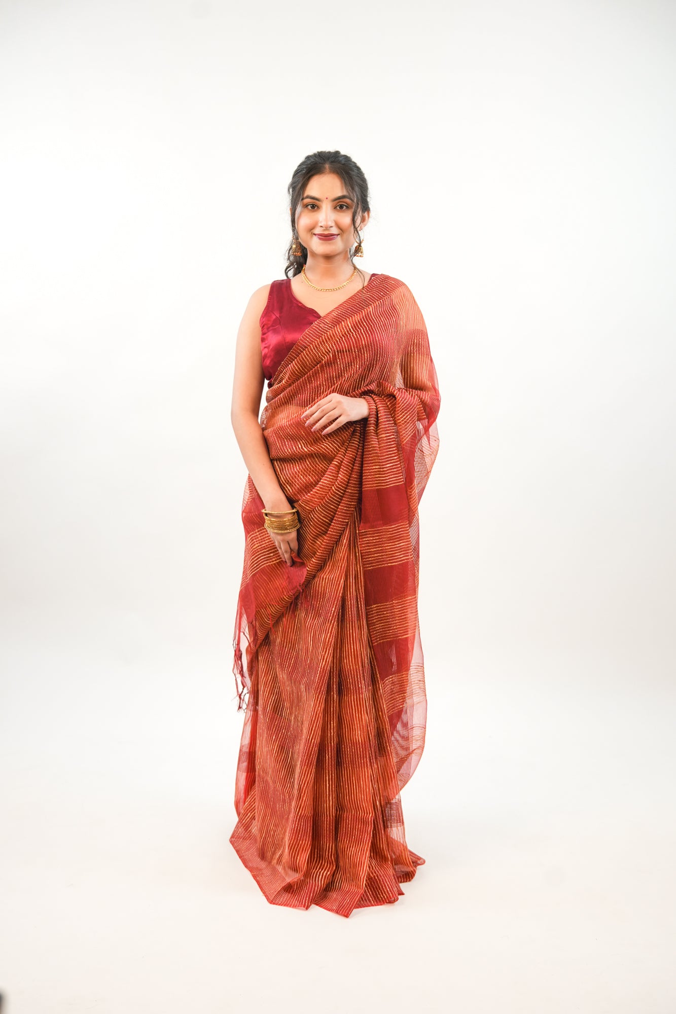 Deep Maroon Ghicha Tussar Saree with Gold Stripe Weave