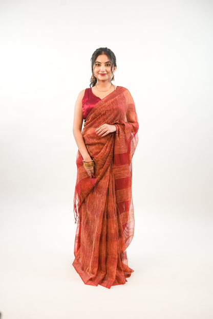 Deep Maroon Ghicha Tussar Saree with Gold Stripe Weave