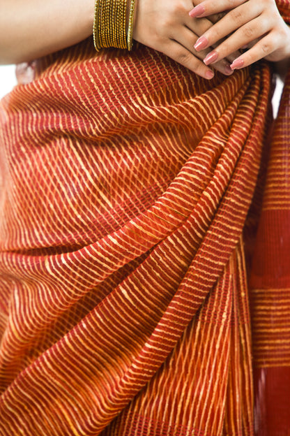 Deep Maroon Ghicha Tussar Saree with Gold Stripe Weave