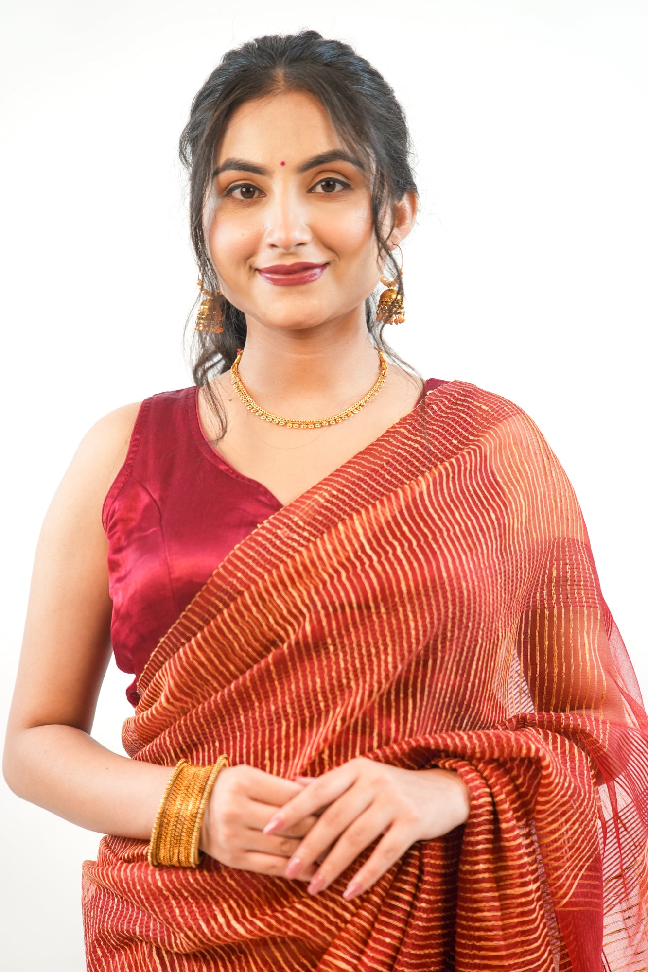 Deep Maroon Ghicha Tussar Saree with Gold Stripe Weave