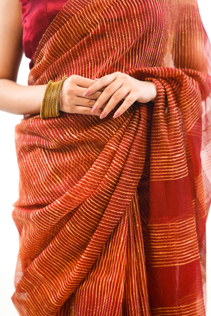 Deep Maroon Ghicha Tussar Saree with Gold Stripe Weave