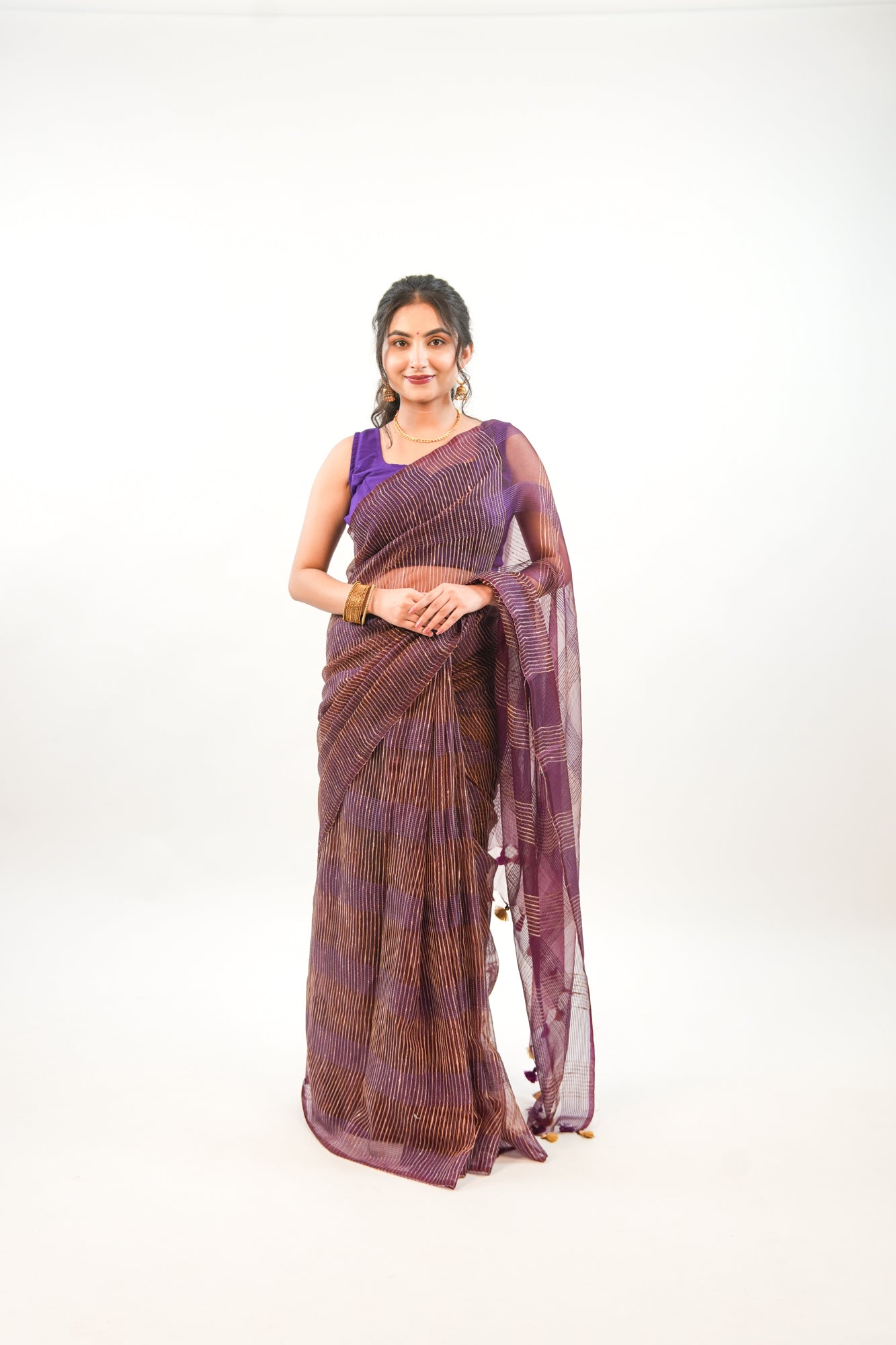 Deep Wine Ghicha Tussar Saree with Gold Zari & Tassels