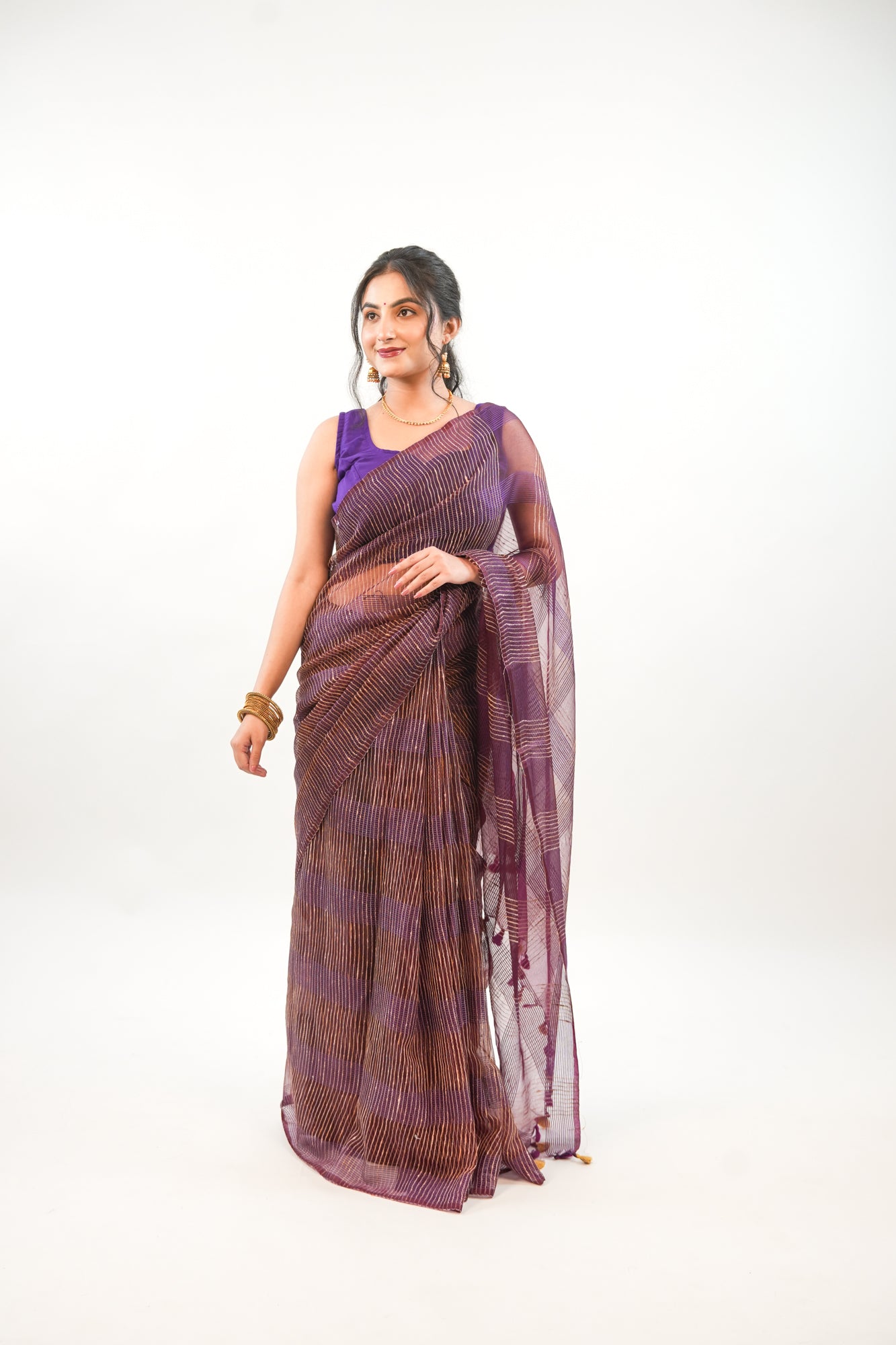 Deep Wine Ghicha Tussar Saree with Gold Zari & Tassels