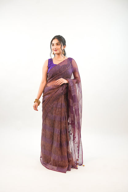 Deep Wine Ghicha Tussar Saree with Gold Zari & Tassels