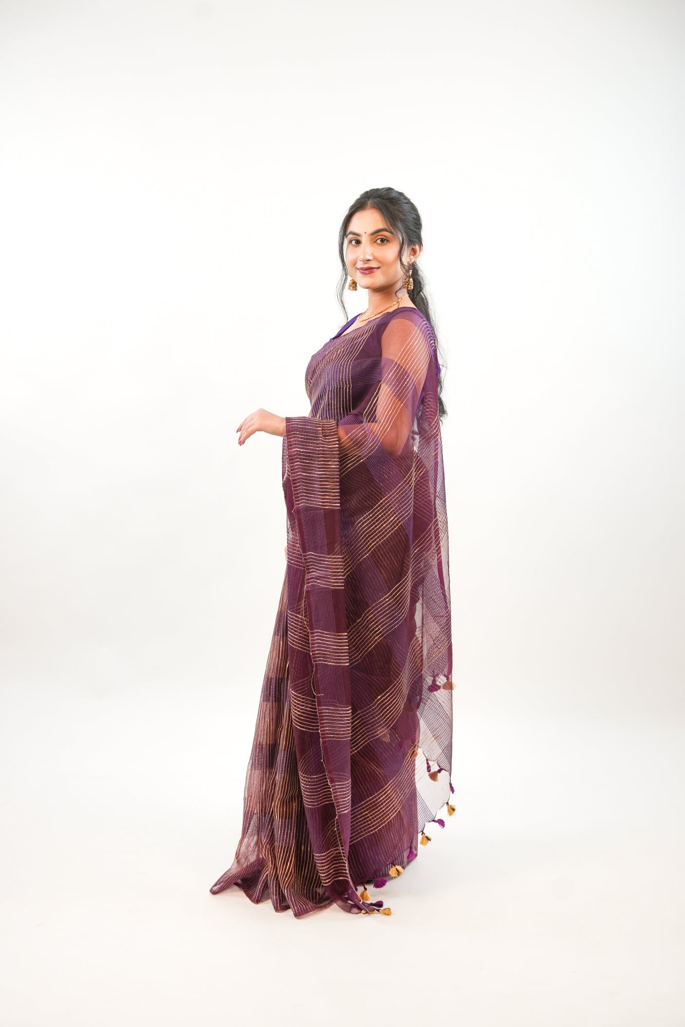 Deep Wine Ghicha Tussar Saree with Gold Zari & Tassels