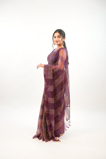 Deep Wine Ghicha Tussar Saree with Gold Zari & Tassels