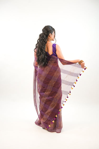 Deep Wine Ghicha Tussar Saree with Gold Zari & Tassels