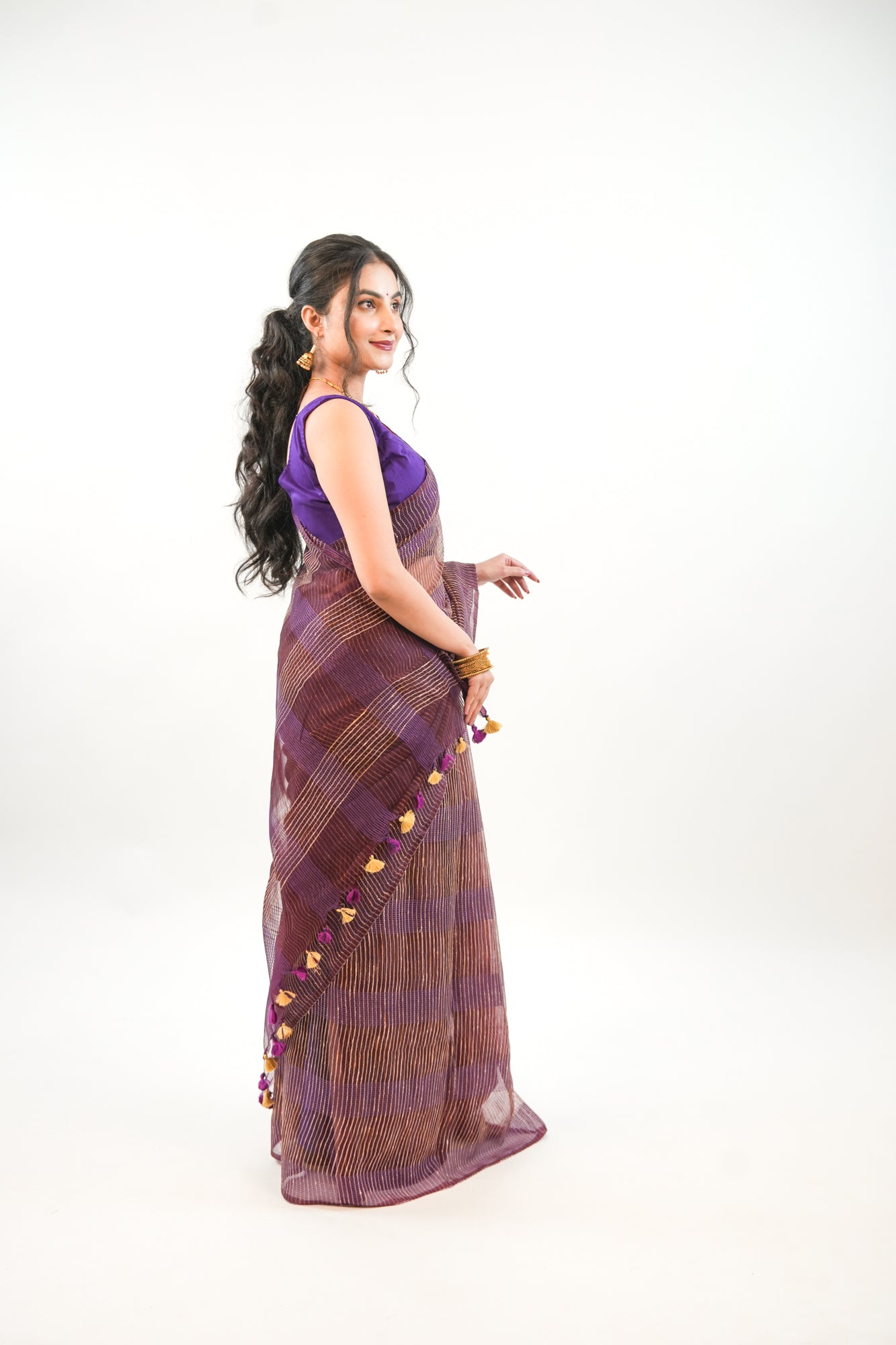 Deep Wine Ghicha Tussar Saree with Gold Zari & Tassels