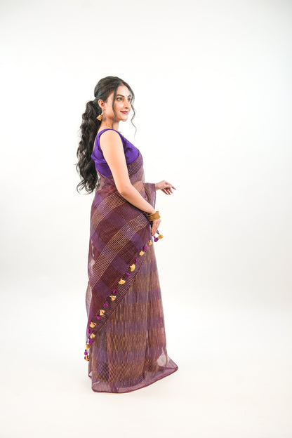 Deep Wine Ghicha Tussar Saree with Gold Zari & Tassels