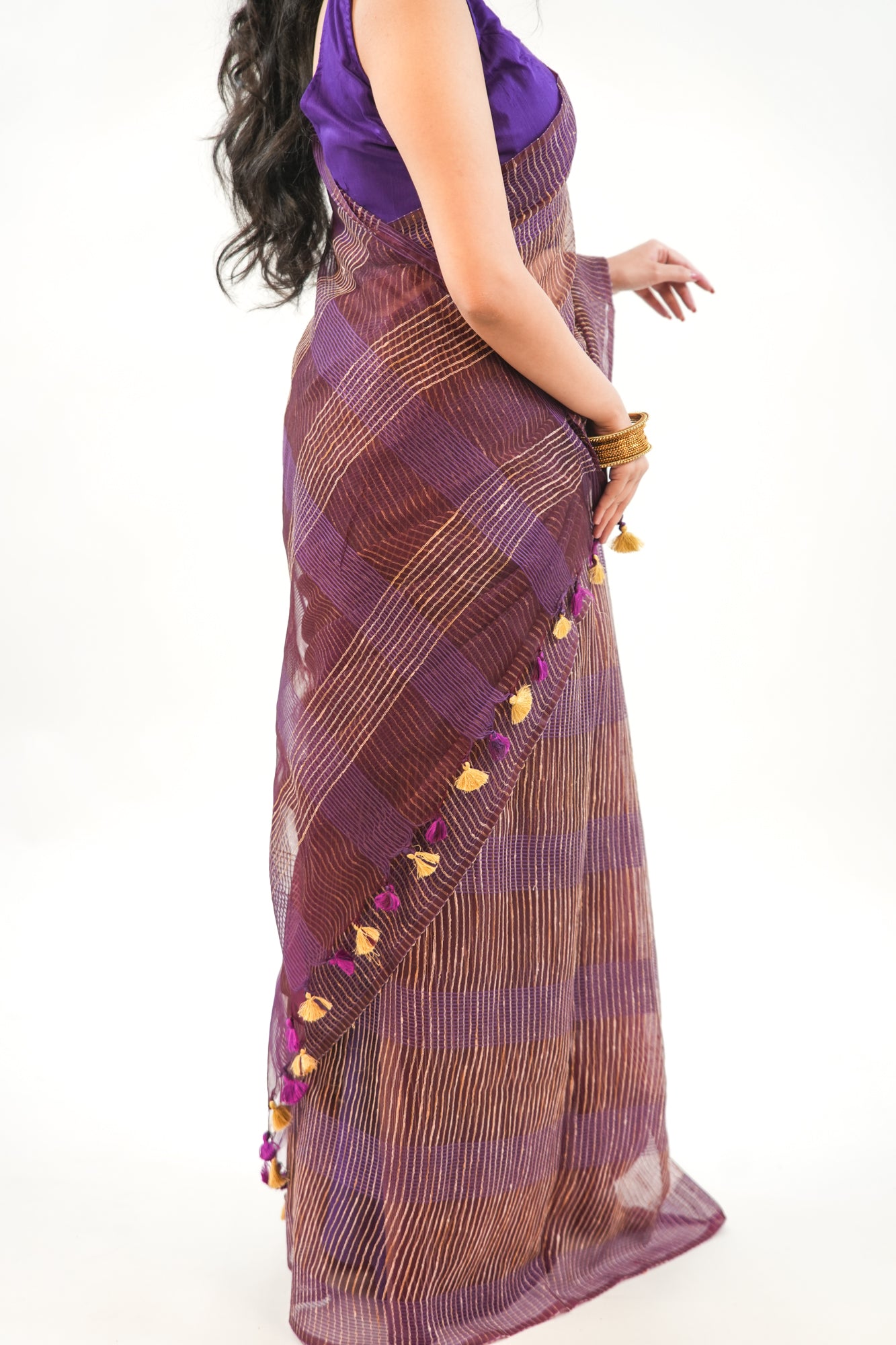 Deep Wine Ghicha Tussar Saree with Gold Zari & Tassels