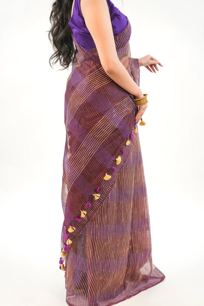 Deep Wine Ghicha Tussar Saree with Gold Zari & Tassels
