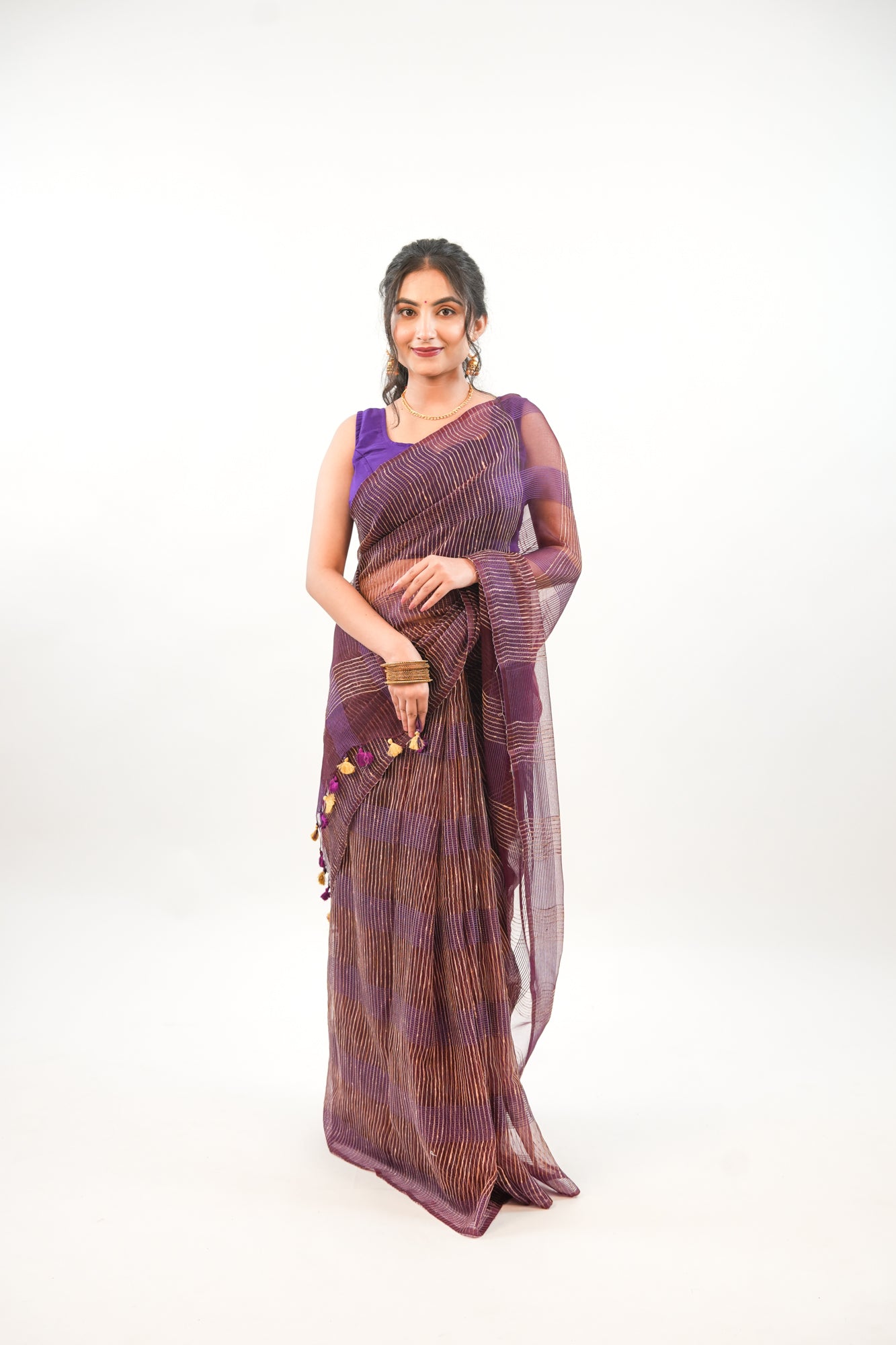 Deep Wine Ghicha Tussar Saree with Gold Zari & Tassels