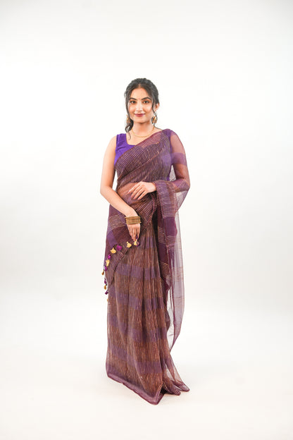 Deep Wine Ghicha Tussar Saree with Gold Zari & Tassels