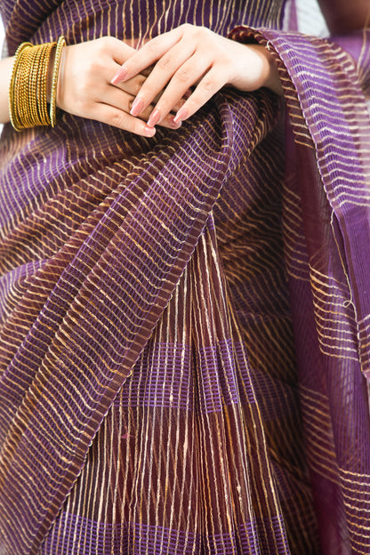 Deep Wine Ghicha Tussar Saree with Gold Zari & Tassels