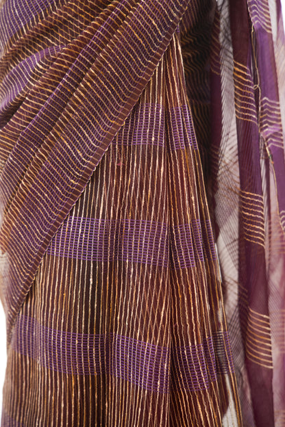 Deep Wine Ghicha Tussar Saree with Gold Zari & Tassels