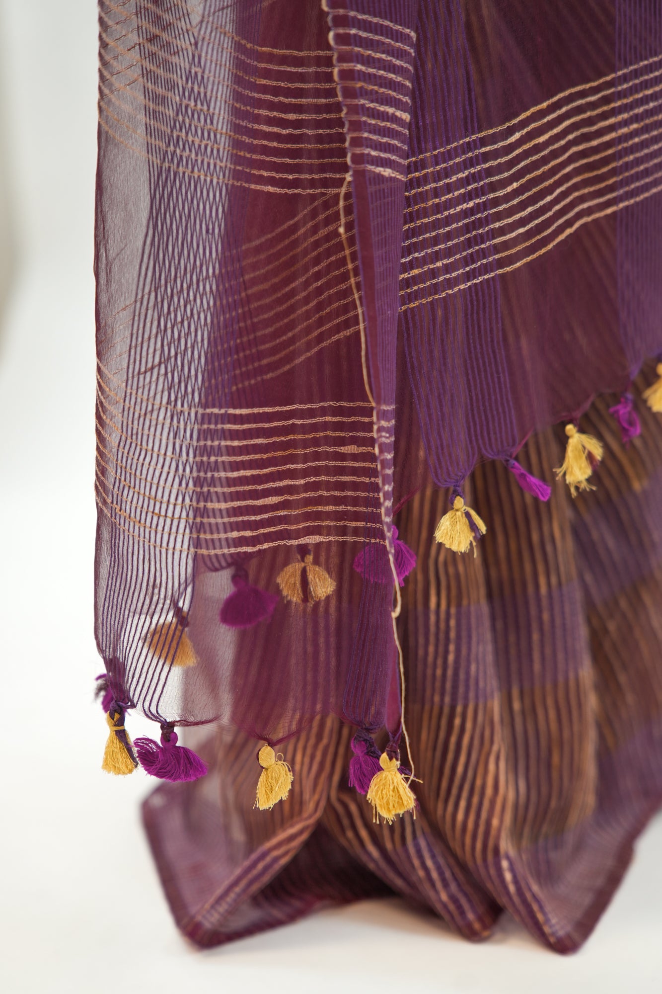 Deep Wine Ghicha Tussar Saree with Gold Zari & Tassels