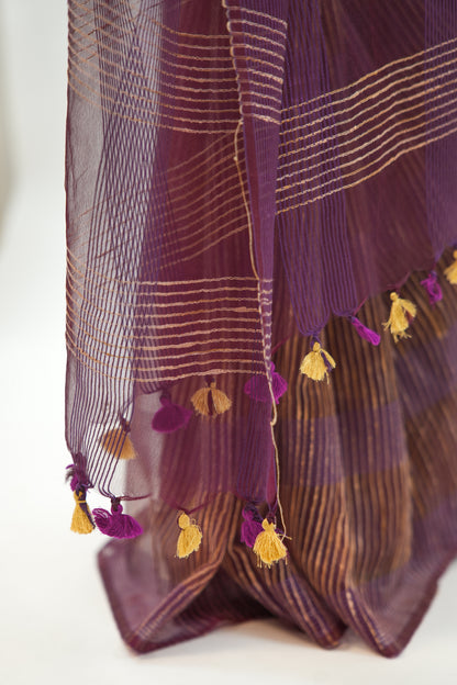 Deep Wine Ghicha Tussar Saree with Gold Zari & Tassels