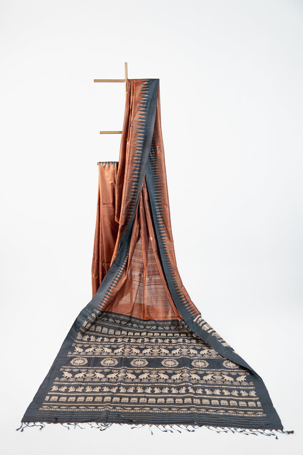 Rust Copper Tussar Silk Saree with Black Temple Border