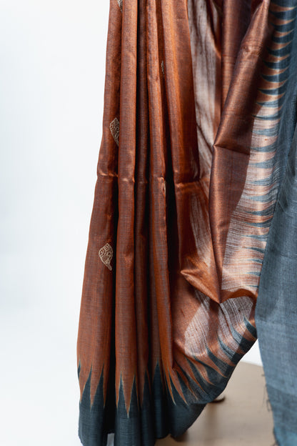 Rust Copper Tussar Silk Saree with Black Temple Border