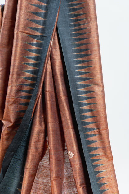 Rust Copper Tussar Silk Saree with Black Temple Border