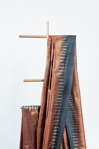 Rust Copper Tussar Silk Saree with Black Temple Border