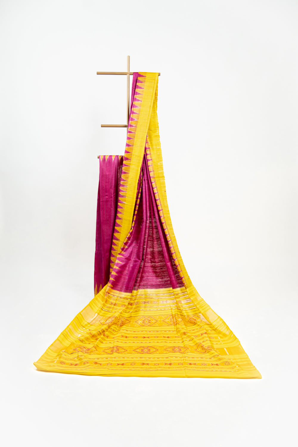 Wine Magenta Tussar Silk Saree with Yellow Temple Border