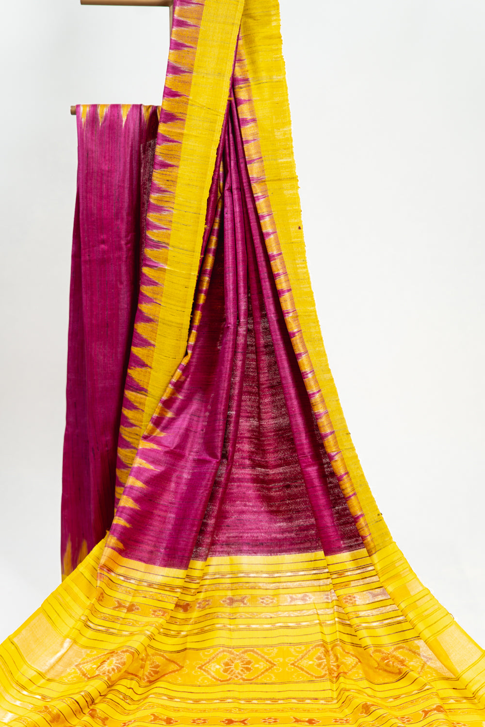 Wine Magenta Tussar Silk Saree with Yellow Temple Border