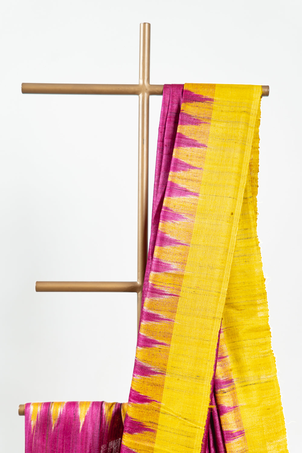 Wine Magenta Tussar Silk Saree with Yellow Temple Border