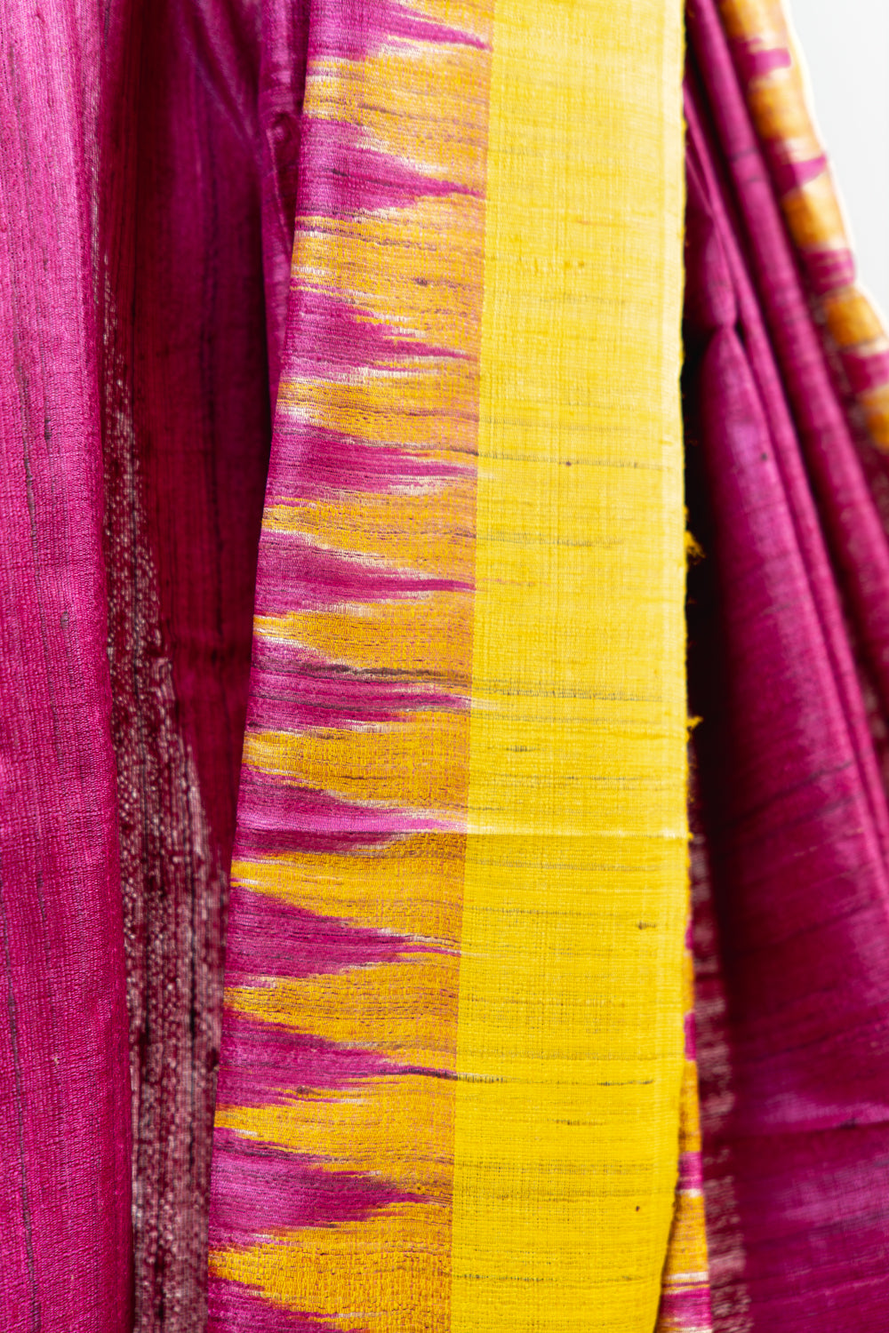 Wine Magenta Tussar Silk Saree with Yellow Temple Border