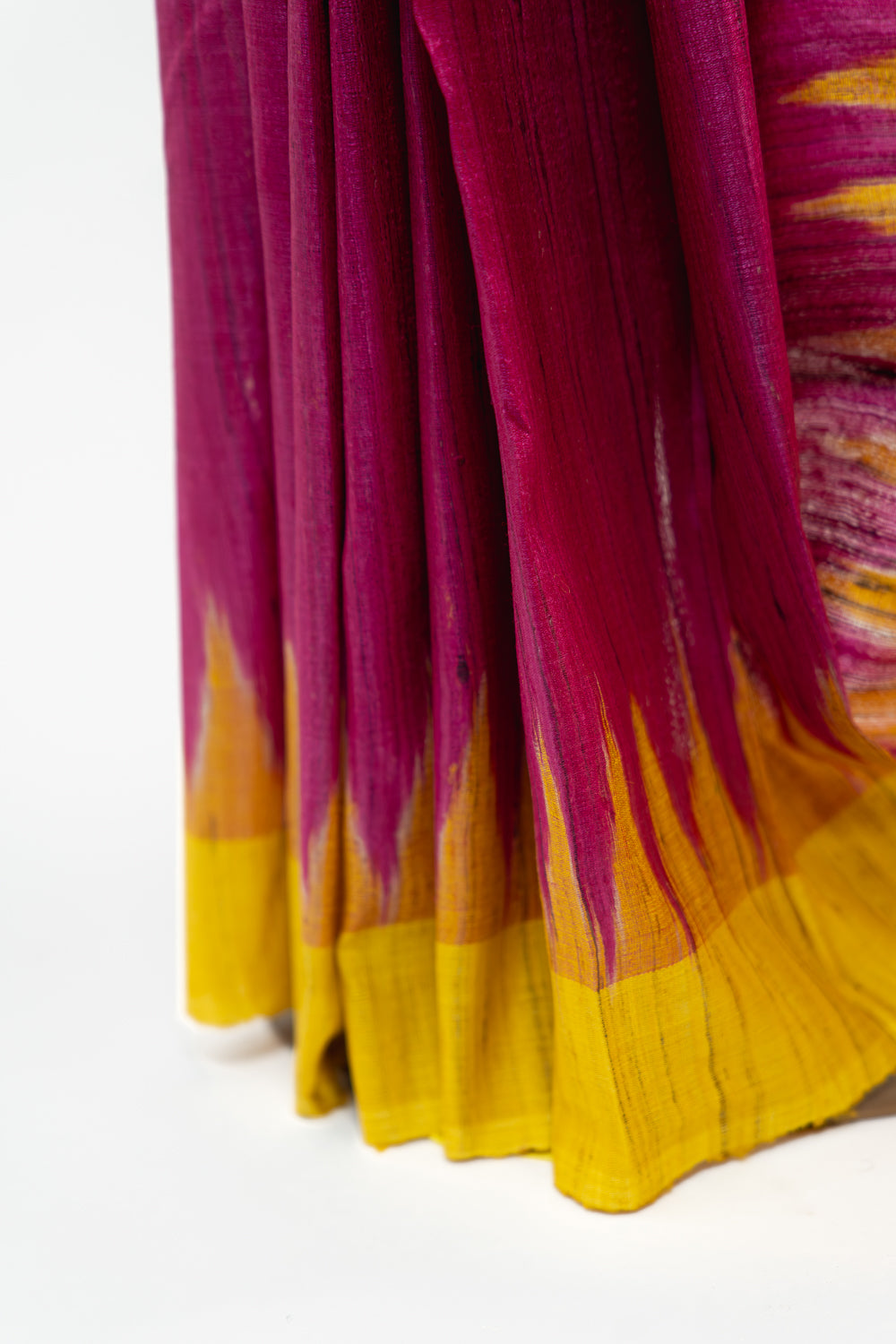 Wine Magenta Tussar Silk Saree with Yellow Temple Border
