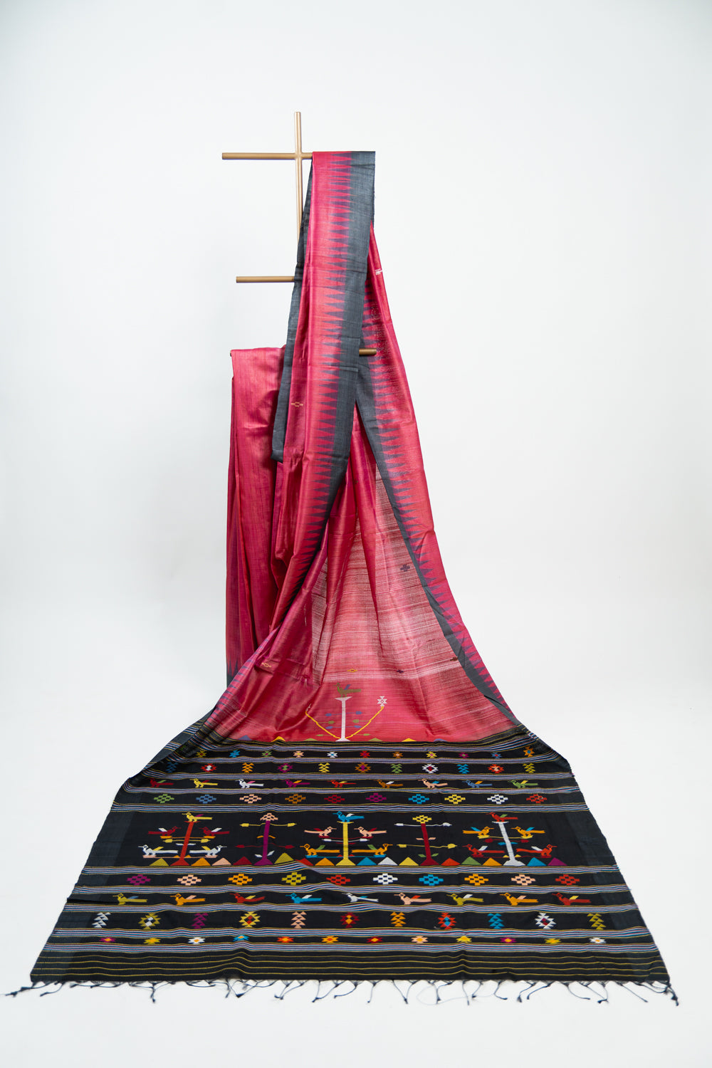 Fuchsia Pink Tussar Silk Saree with Black Temple Border