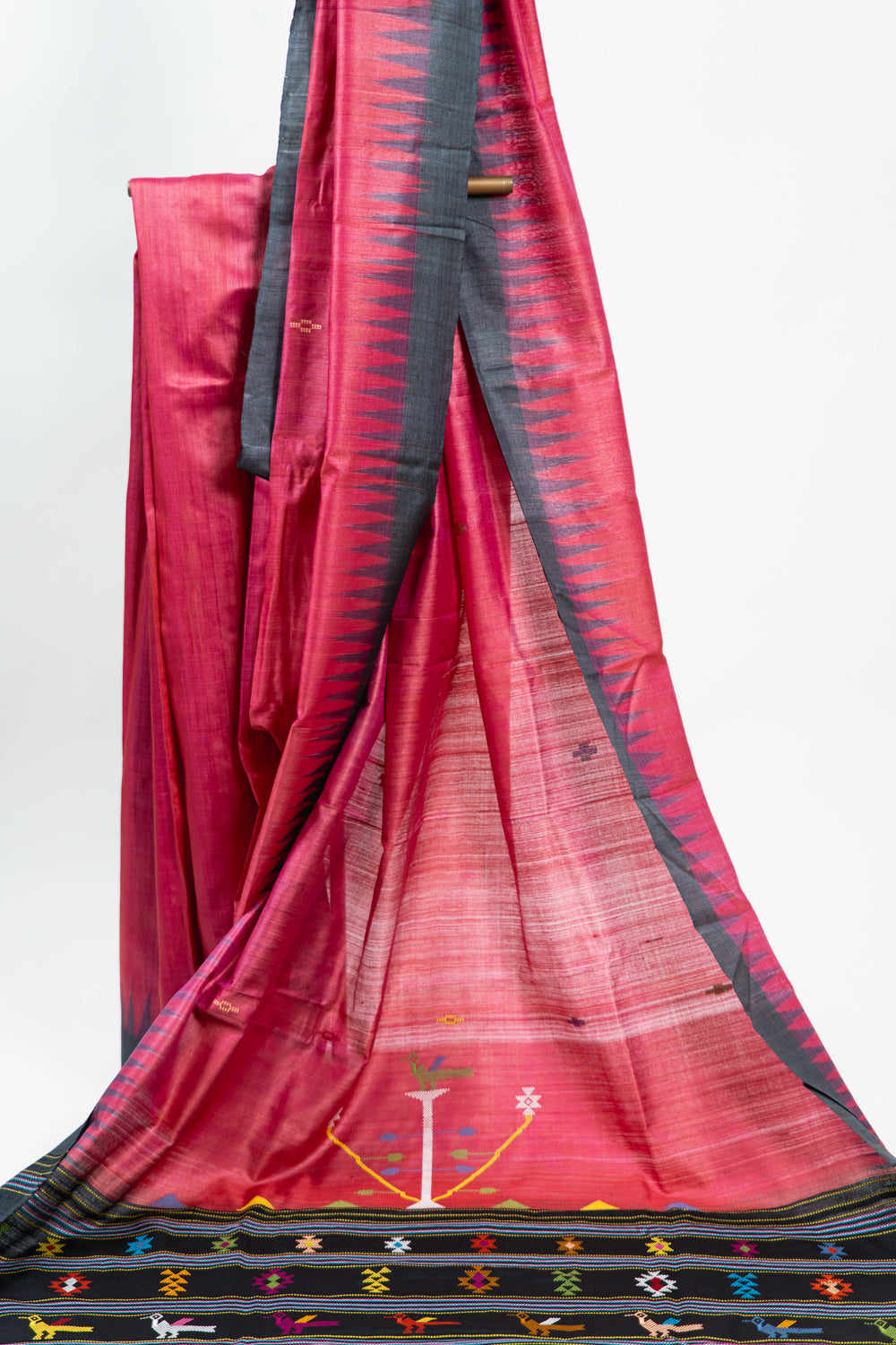 Fuchsia Pink Tussar Silk Saree with Black Temple Border