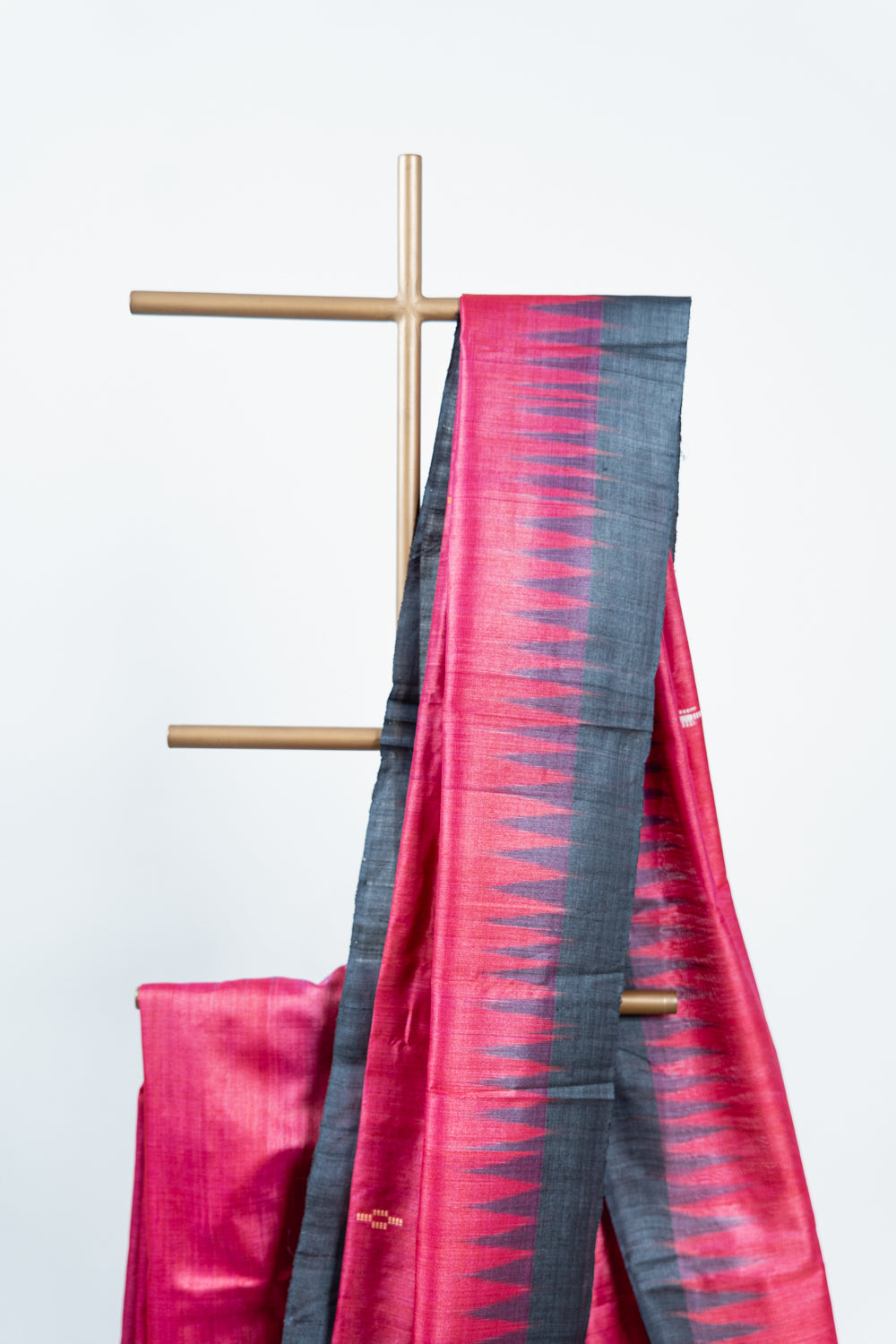 Fuchsia Pink Tussar Silk Saree with Black Temple Border