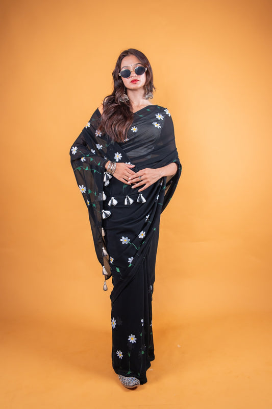 Black Hand-Painted Georgette Saree with Floral Design - Atulyakarigari
