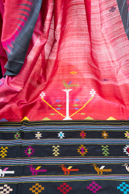 Fuchsia Pink Tussar Silk Saree with Black Temple Border
