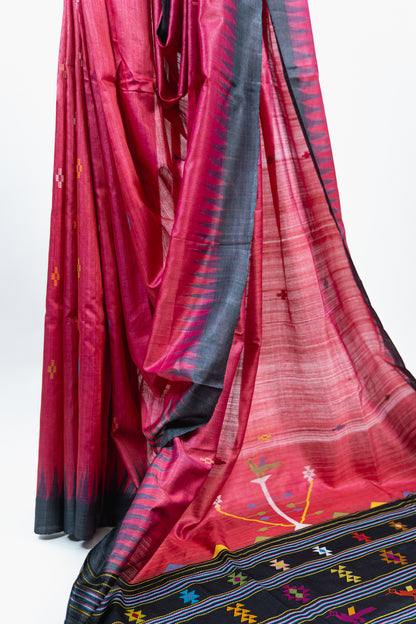Fuchsia Pink Tussar Silk Saree with Black Temple Border