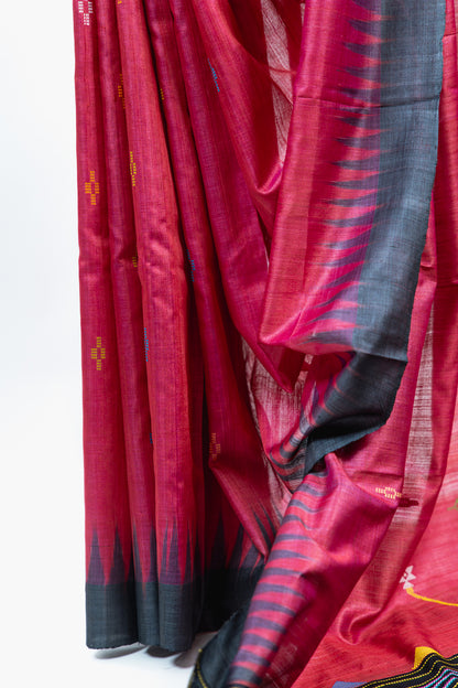 Fuchsia Pink Tussar Silk Saree with Black Temple Border