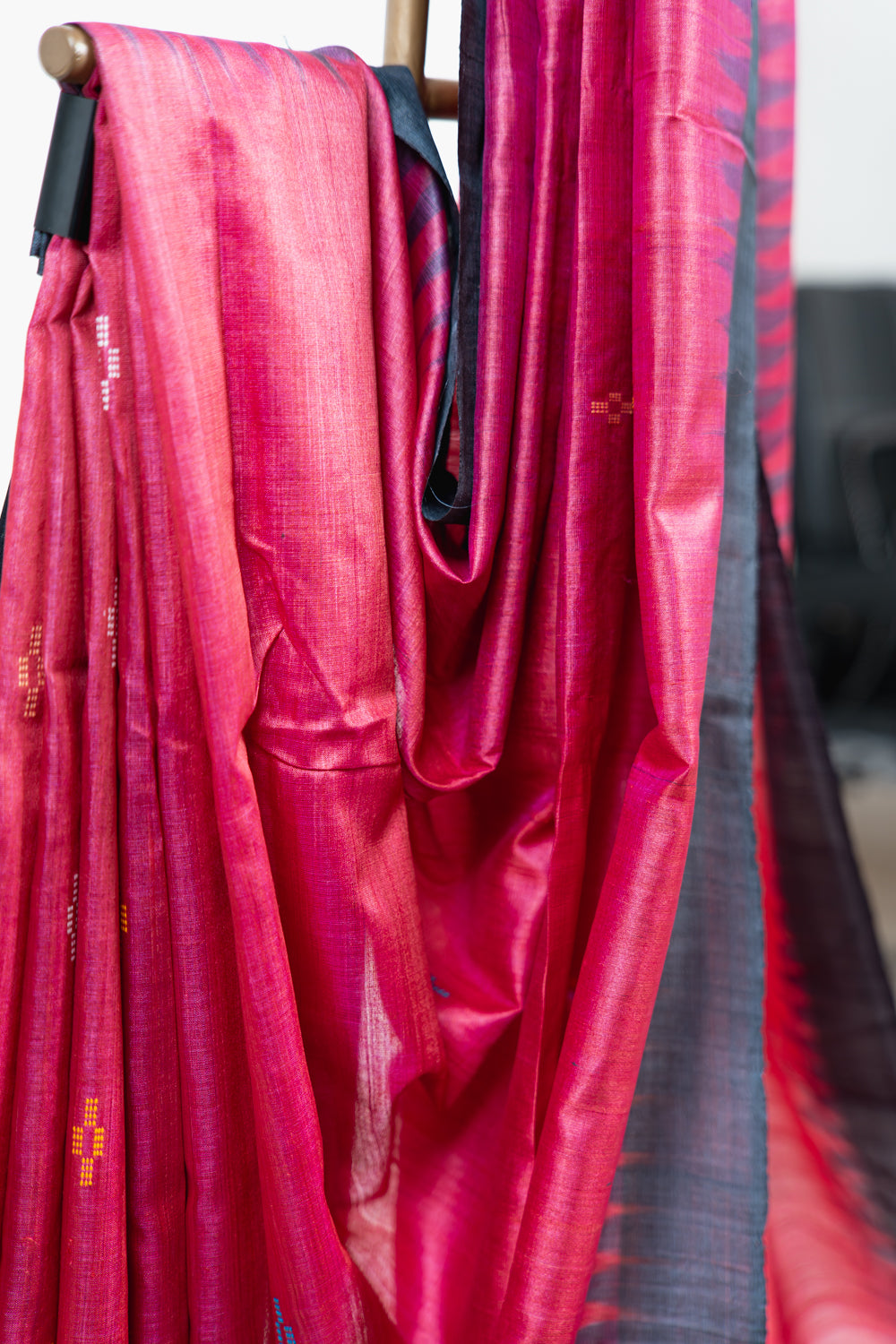 Fuchsia Pink Tussar Silk Saree with Black Temple Border
