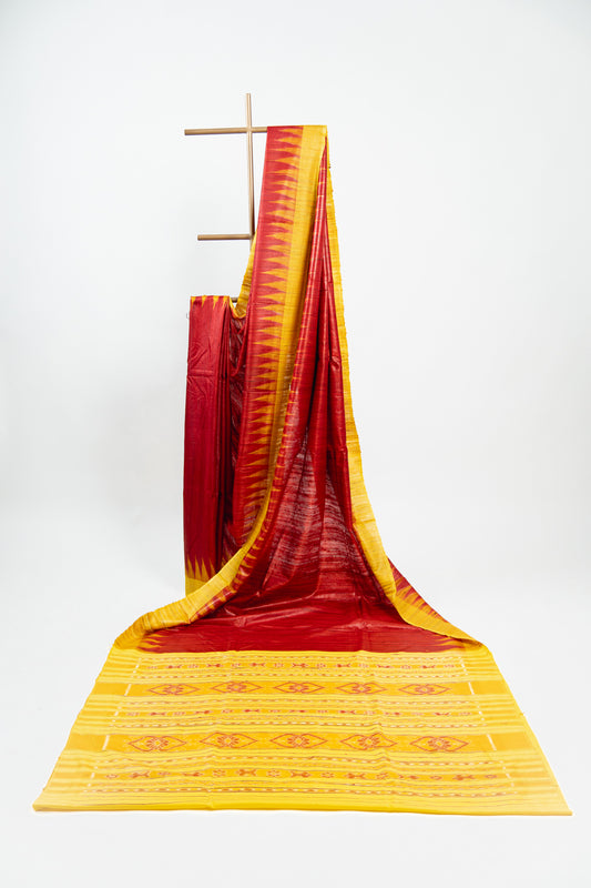 Blood Red Tussar Silk Saree with Yellow Temple Border