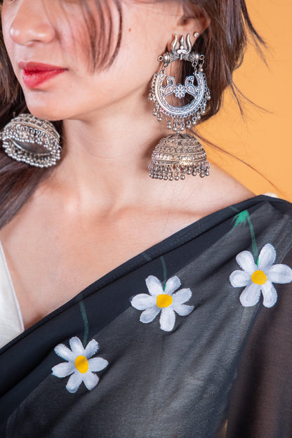 Black Hand-Painted Georgette Saree with Floral Design - Atulyakarigari