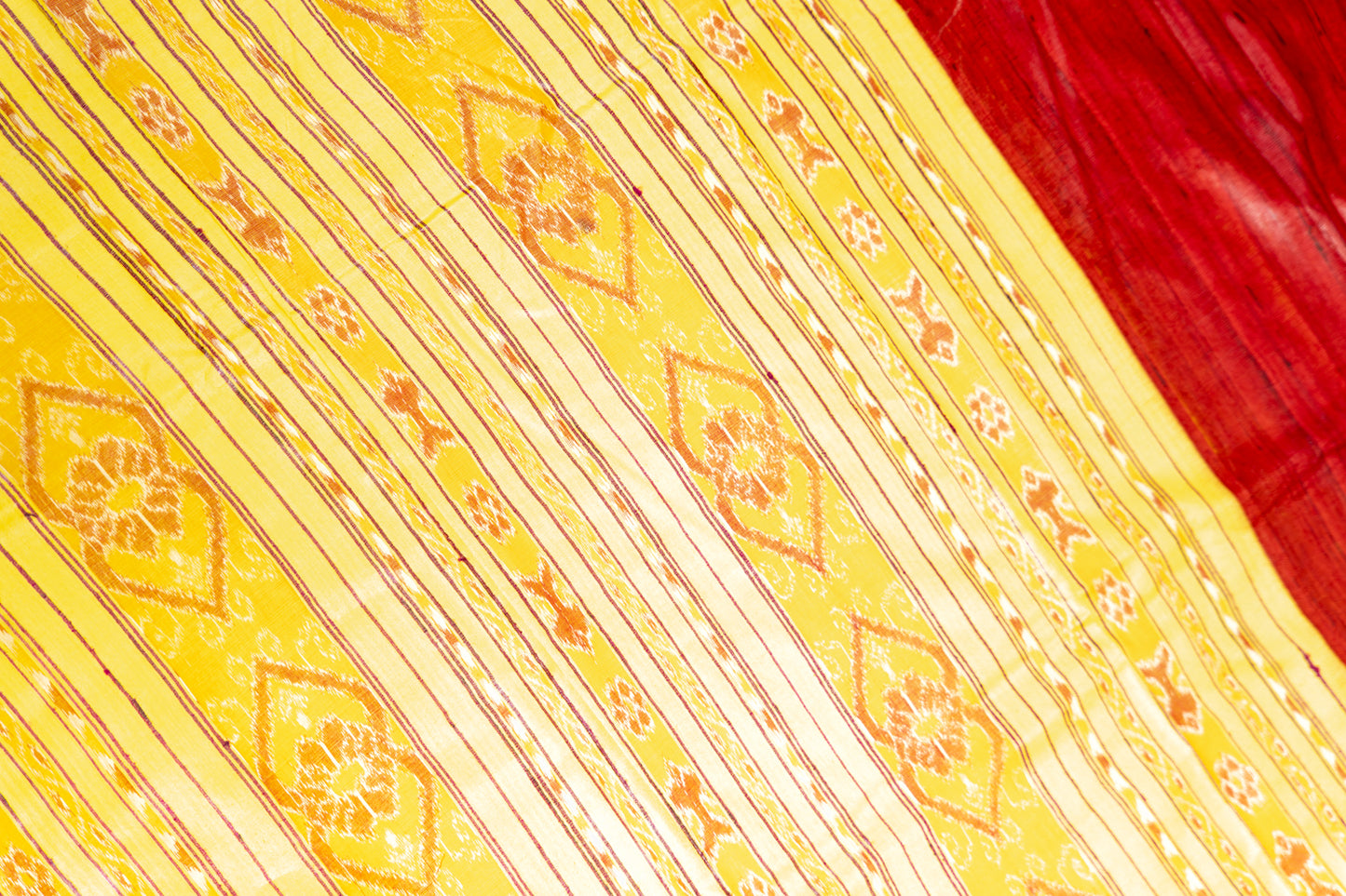 Blood Red Tussar Silk Saree with Yellow Temple Border
