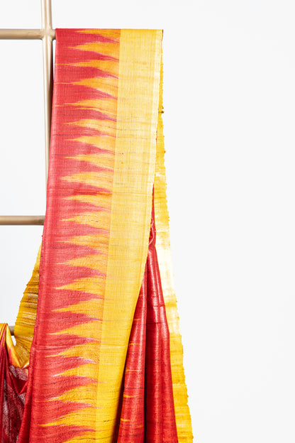 Blood Red Tussar Silk Saree with Yellow Temple Border